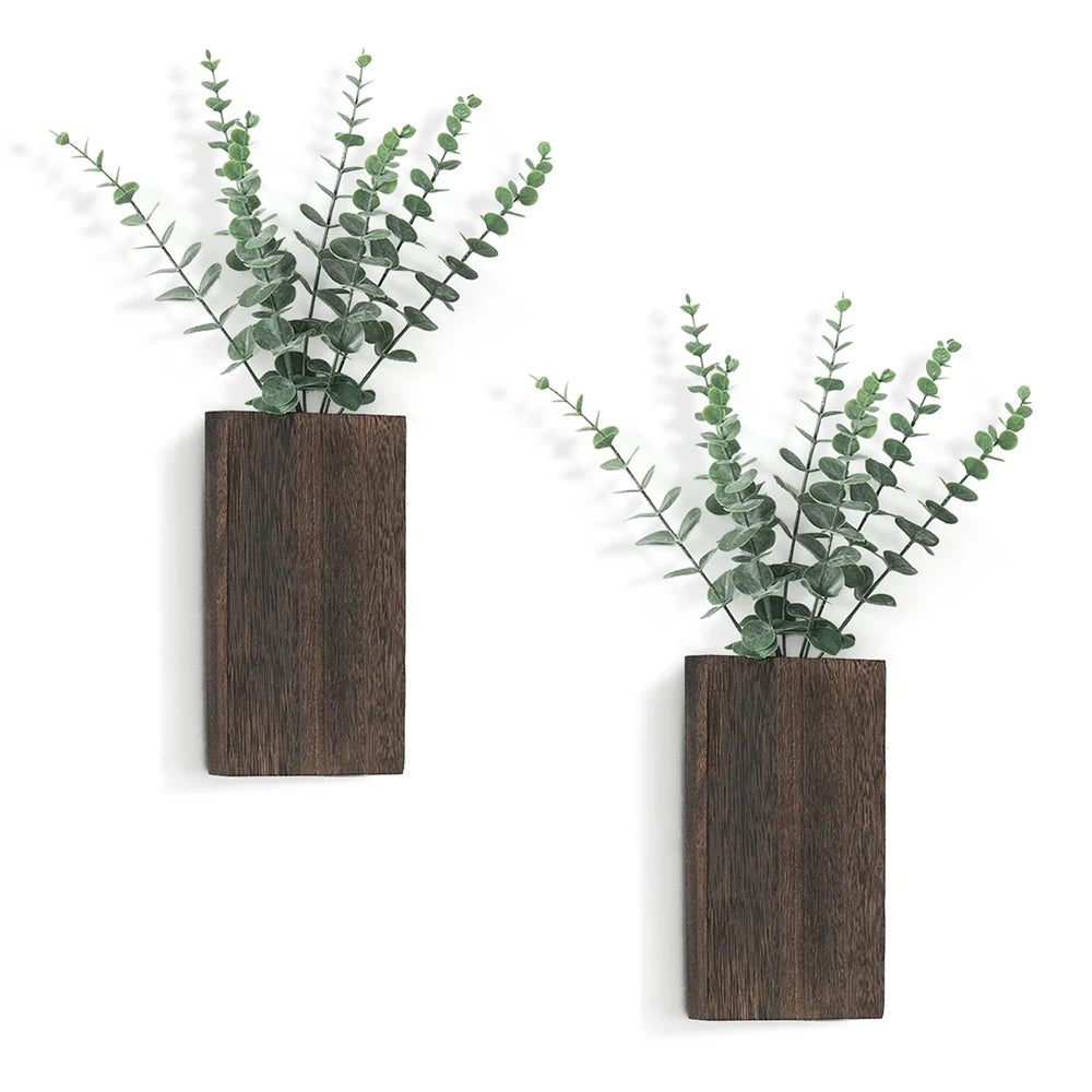 🌿 Lot de 2 jardinières murales en bois – Déco murale rustico-chic avec eucalyptus artificiel