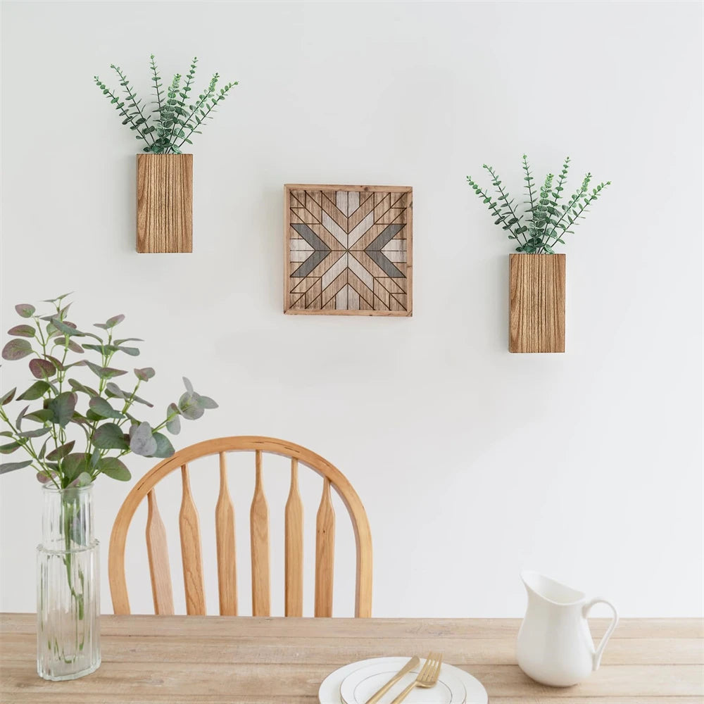 🌿 Lot de 2 jardinières murales en bois – Déco murale rustico-chic avec eucalyptus artificiel