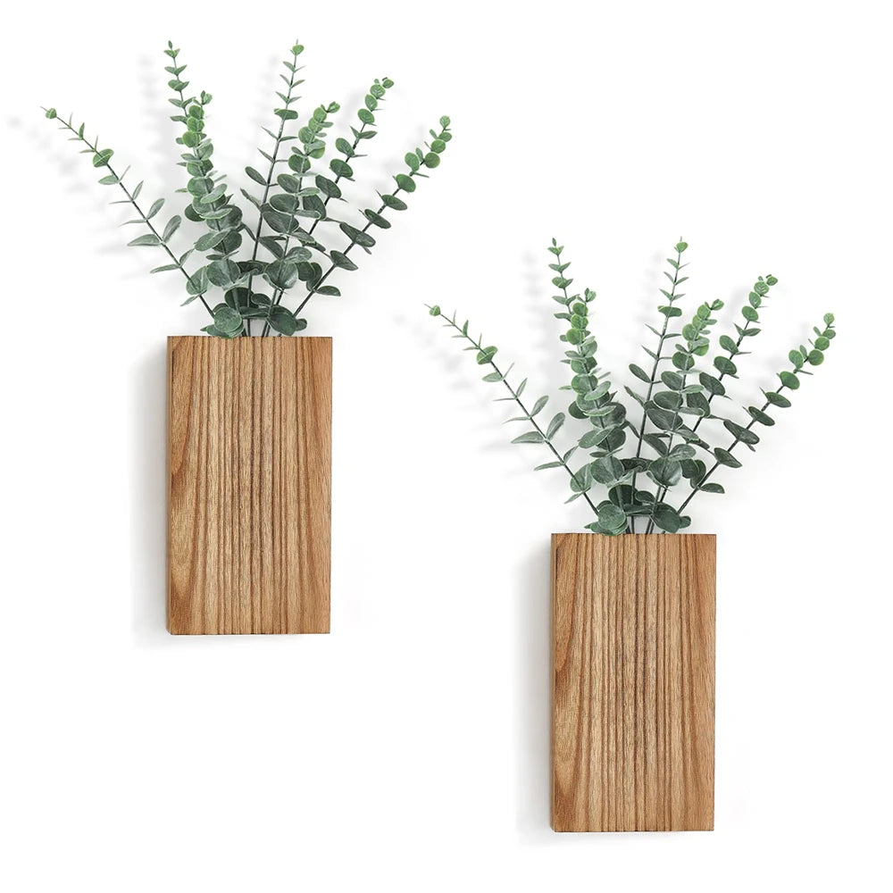 🌿 Lot de 2 jardinières murales en bois – Déco murale rustico-chic avec eucalyptus artificiel