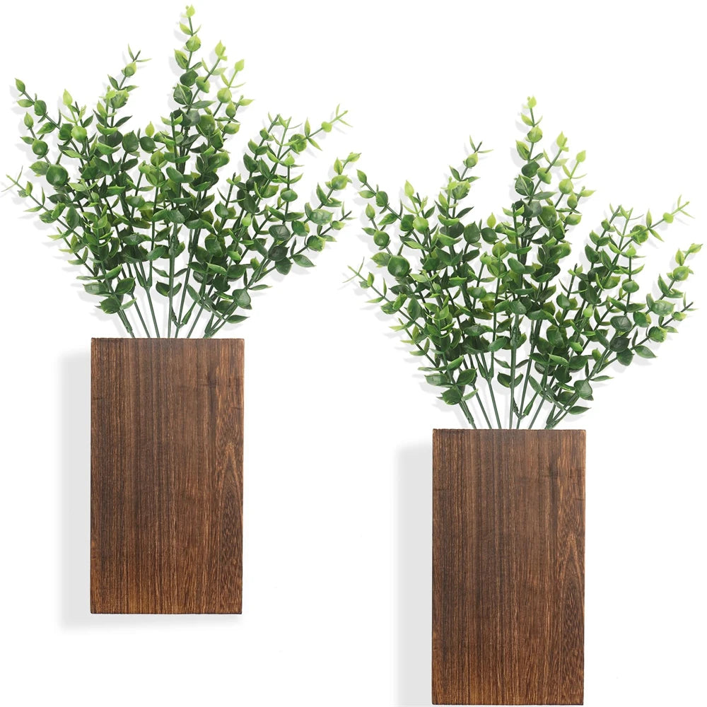 🌿 Lot de 2 jardinières murales en bois – Déco murale rustico-chic avec eucalyptus artificiel